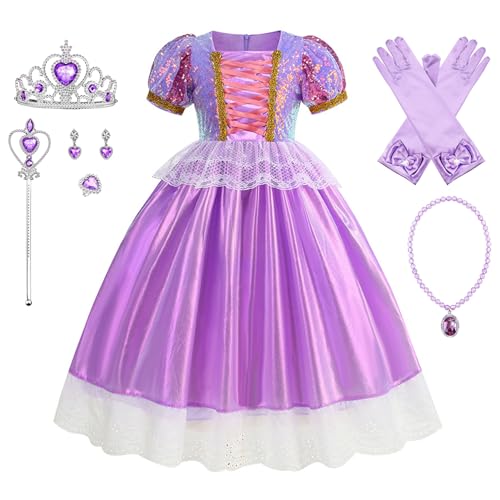 YOSICIL Mädchen Rapunzel Kostüm mit Zubehöre Kinder Prinzessinnenkleid fancy Dress up set exquisite Match Sets für Verkleidung Cosplay Karneval Fasching Geschenk Geburtstag Halloween,Lila,110 von YOSICIL