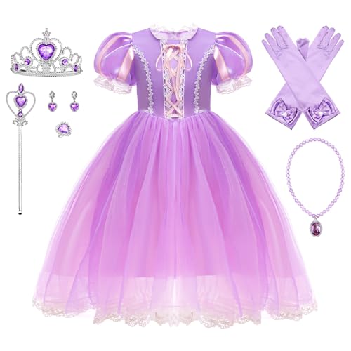 YOSICIL Mädchen Rapunzel Prinzessin Kostüm Kinder Kleid mit Halskette Krone Fany Dress up elegant Outfits für Verkleidung Halloween Kindergarten Geschenk Cosplay Ankleiden Party Geschenk, 100 von YOSICIL