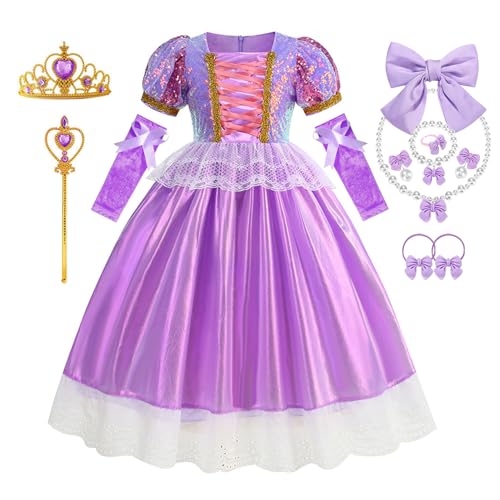 YOSICIL Mädchen Rapunzel Prinzessin Kostüm Zubehöre Kinder Kleid Zauberstab Krone exquisite Fancy Dress up Set für Verkleidung Halloween Geburtstagsfeiern Maxikleid Festkleid Karneval, 100 von YOSICIL