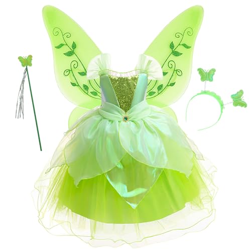 YOSICIL Mädchen Tiana Prinzessin Kostüm Kinder Anna Kleid Baby Dress up set Tutu Outfits Haarband flügel für Verkleidung Halloween Karneval Cosplay Rollenspiele, Gelb, 100 von YOSICIL