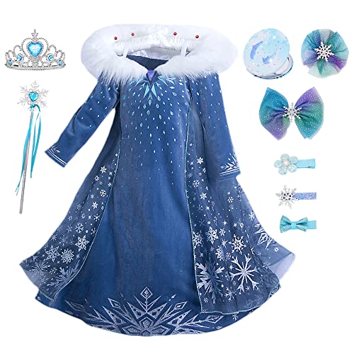 YOSICIL Mädchen eiskönigin kostüm elsa Kinder Kleid karneval kostüm kinder mit Zubehöre Spiegel Haarnadeln Zauberstab Krone für Kindergarten Rollenspiele Karneval Weihnachten, Blau, 140 von YOSICIL