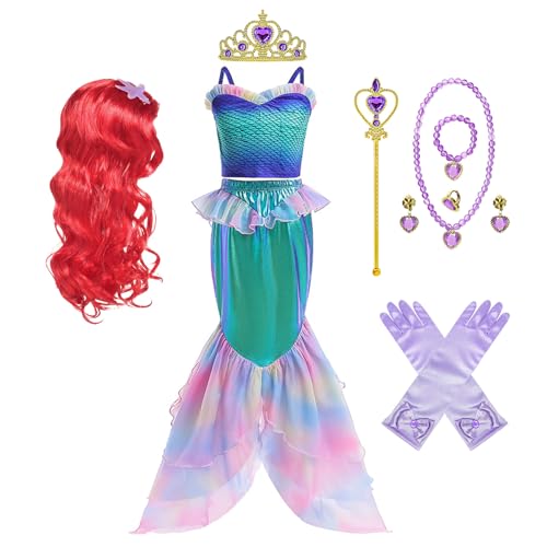 YOSICIL Meerjungfrau Mädchen Kostüm mit Perücke Krone Halskette Zauberstab Arielle Kinder Kleid Outfits Dress Set für Halloween Weihnachten Geburtstagsfeiern Karneval Partys Cosplay Verkleidung, 150 von YOSICIL