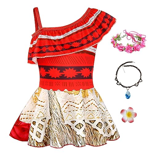 YOSICIL Moana Vaiana Kinder Mädchen Kostüm mit Halskette rote Hosenträger Kleid für Cosplay Alltag Schule Kindergarten Weihnachten Geschenk Karneval Verkleidung Rollenspiele, Rot, 110 von YOSICIL