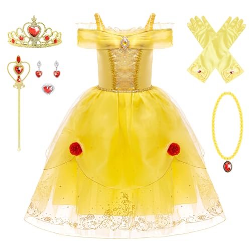 YOSICIL Prinzessin Belle Kostümkleid für Kinder mit Zauberstab Krone Layered Off-Shoulder Mädchen Dress up Tutu outfits für Geburtstagsparty Geschenk Cosplay Karneval Verkleidung, Gelb, 100 von YOSICIL