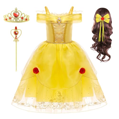 YOSICIL Prinzessin Kostüm Mädchen Belle Kinder Kleid mit Perücke Tutu Kleid Diadem Dress up für Verkleidung Halloween Karneval Cosplay Geschenk Weihnachten Partys, Gelb, 100 von YOSICIL