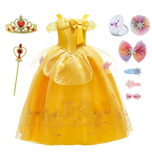 YOSICIL Prinzessin Kostüm für Mädchen Kinderkleider Tutu Kleid mit Zubehöre Halskette Zauberstab Belle Kleidung für Geburtstagsparty Geschenk Halloween Weihnachten Verkleidung Fancy Kleid, Gelb A, 130 von YOSICIL