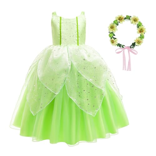 YOSICIL Prinzessin Tiana Kostüm für Mädchen Kinder grünes Kleid mit Kranz Baby Fancy Dress up Set Verkleidung Halloween Weihnachten Geschenk Cosplay Partys Rollenspiele Größe 4-9 Jahre, 100 von YOSICIL