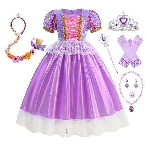 YOSICIL Rapunzel Prinzessin Kleid Mädchen Kinder Kostüm mit Zopf Halskette Krone Handschuhe Tutukleid Baby Tüll Maxinkleid Fancy Dress für Verkleidung Festkleid Karneval Brautjungfer, 100 von YOSICIL