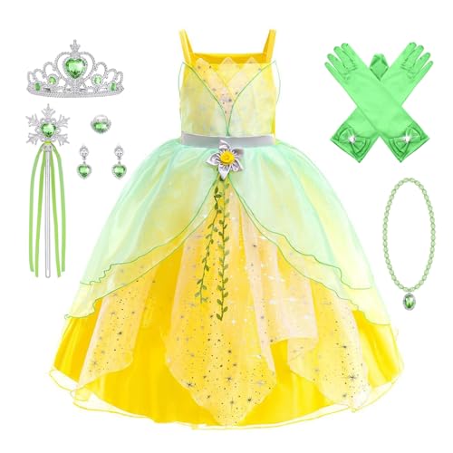 YOSICIL Tiana Kostüm Mädchen Elsa Anna Kinder Prinzessin Kleid mit Krone Diadem Zauberstab Handschuhe Tutu dress up set für Verkleidung Halloween Karneval Cosplay Tanz Party, Grün, 100 von YOSICIL