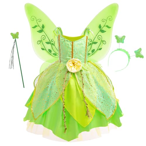 YOSICIL Tiana Kostüm Mädchen Elsa Kinder Prinzessin Kleid mit Flügel Haarband zauberstab Baby Grünes Tutu Outfits für Verkleidung Halloween Weihnachten Geschenk Karneval Cosplay, Grün, 100 von YOSICIL