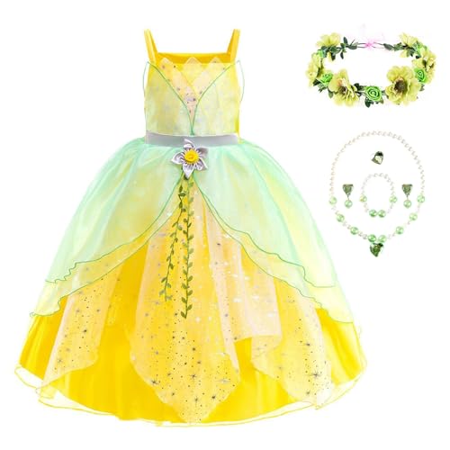 YOSICIL Tiana Prinzessin Kostüm Kinder Elsa Deluxe fancy Dress für Mädchen Outfits mit Kranz Halskette für Verkleidung Halloween Weihnachten Geschenk Karneval Cosplay Partys, Grün, 100 von YOSICIL