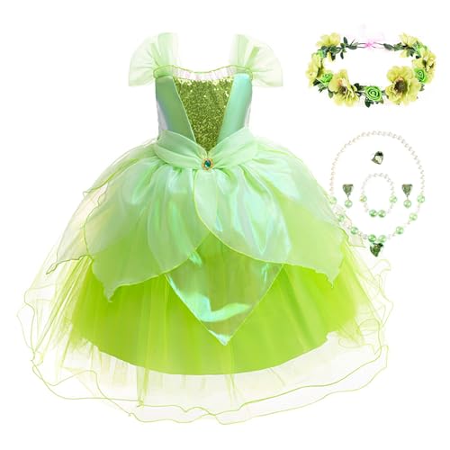 YOSICIL Tiana Prinzessin Kostüm Kinder Mädchen Elsa Deluxe Fancy grünes Kleid mit Kranz Krone für Weihnachten Geschenk Verkleidung Karneval Party Halloween Geburtstag, Grün, 100 von YOSICIL