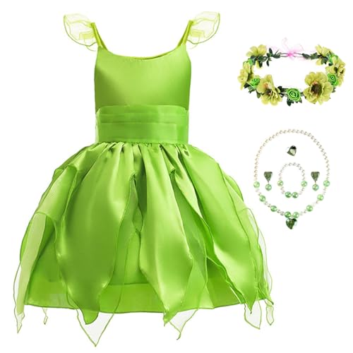 YOSICIL Tinkerbell Mädchen Kinder Kostüm mit Zubehöre Blumenkranz Prinzessin Kleid Grüne Fee Rock für Cosplay Verkleidung Karneval Partys Blumenmädchen Weihnachten Halloween, Grün, 80 von YOSICIL