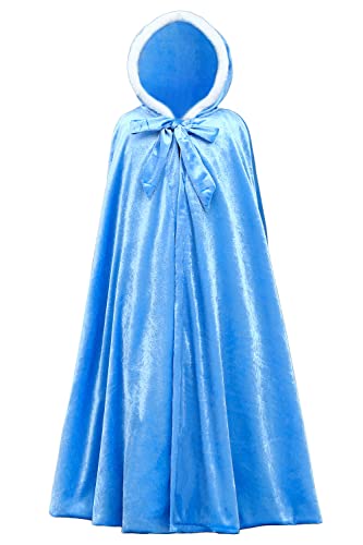 YOSICIL Umhang für Mädchen Satin Cape Mantel Kapuze für Winter Weihnachten Outdoor Karneval Halloween Poncho, Blau, L von YOSICIL