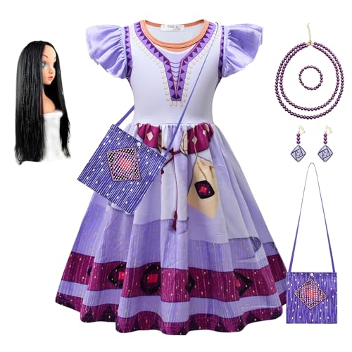 YOSICIL WISH Asha Mädchen Wunschkleider mit Tasche Perücke Halskette Kleid mit Fluffy Sleeve Kinder Kostüm für Hallioween Weihnachten Schule Kindergarten Geburtstagsfeiern Verkleidung, 140 von YOSICIL