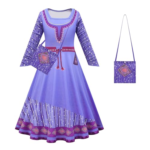 YOSICIL Wish Asha Kostüm Mädchen Outfits Kinder Lila Kleid mit Tasche Valentino Frau Anzüge Damen Kleidungsstück für Halloween Weihnachten Geburtstagsfeiern Karneval, 130 von YOSICIL