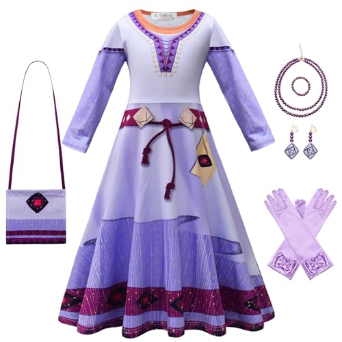 YOSICIL Wish asha Kostüm Mädchen Kleid mit Halskette Handschuhe Kinder Erwachsene Dress up Druck Kleidung für Karneval Geburtstagsfeiern Weihnachten Geschenk Schule Kindergarten, 120 von YOSICIL