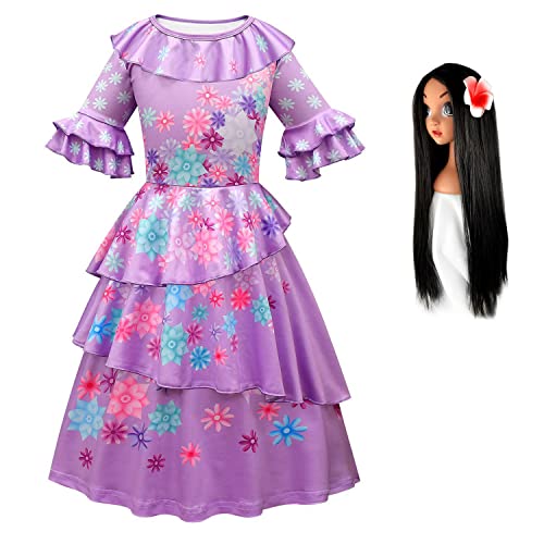 YOSICIL Encanto Isabela Prinzessinnenkleid für Mädchen Kinderkostüm für Verkleidung Halloween Karneval Geburtstag Weihnachten Märchen Festliches Maxikleid mit Accessoires, Lila C, 120 von YOSICIL