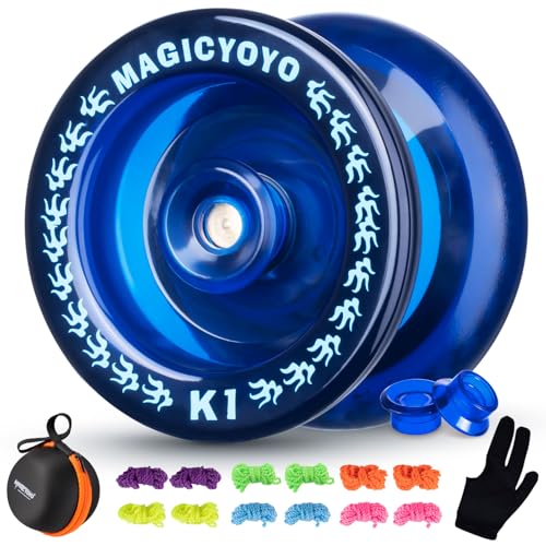 YOSTAR Reaktionsschnelles JoJo K1 Dunkelblau, Professionelles JoJo für Kinder, Plastik Responsive Yoyo für Einsteiger, Profi Spielzeug mit 12 Yoyo-Saiten, JoJo Fall, Handschuh, 2 Yoyo-Hubstacks von YOSTAR