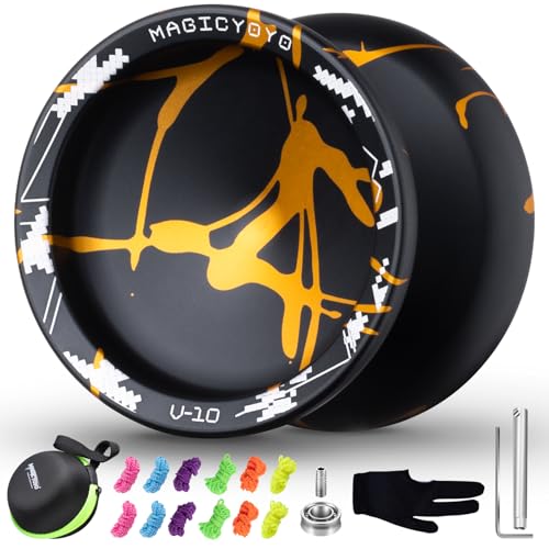 YOSTAR Yoyo Profi V10, Trick Jojo mit Leerlauf und Kugellager, Jo Jo für Kinder und Erwachsene, Responsive und Unresponsive Jo-Jo Spielzeug, mit 12 Saiten, Lagersatz, Handschuh, Gehäuse (Schwarz Gold) von YOSTAR