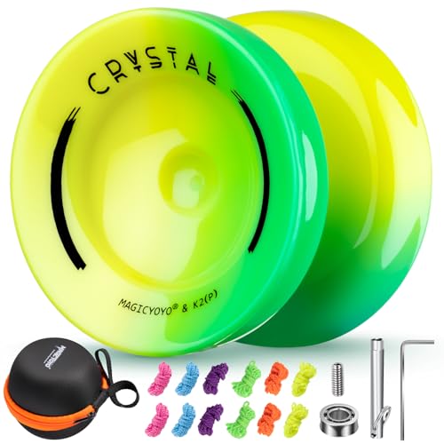 YOSTAR Professionell Kristall Yoyo K2 Gelb Grün, Reagierendes Trick JoJo für Kinder, Dual Purpose Profi Yoyo, mit Nicht Reagierendem Yo yo Lager Kit, 12 Saiten, Yo-Yo Case von YOSTAR