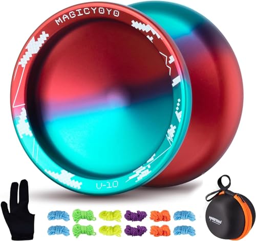 YOSTAR Yoyo Profi Unresponsive JoJo V10 Blau Rot, Trick JoJo mit Leerlauf, Profi JoJo Metall JoJo für Erwachsene, Magic JoJo Stunt JoJo Spielzeug, mit 12 Yoyo Schnur + JoJo Tasche + Yo Yo Handschuh von YOSTAR