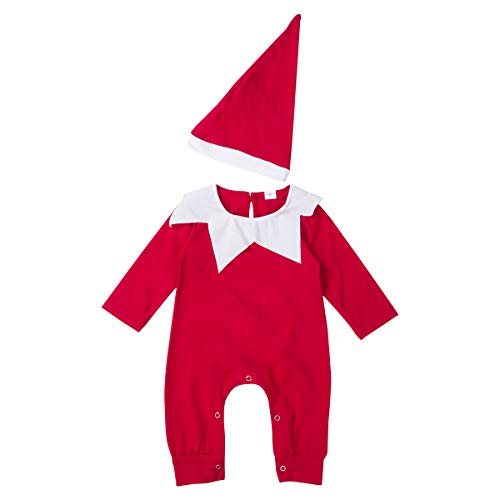 YOUDTIAN Baby-Weihnachtselfen-Weihnachtsmann-Strampler-Kostüm, langärmelig, ChriDoll-Kragen, Druckknopf-Overall + Weihnachtsmütze, Bodysuit, 2-teiliges Outfit-Set (A-Red, 18–24 Monate) von YOUDTIAN