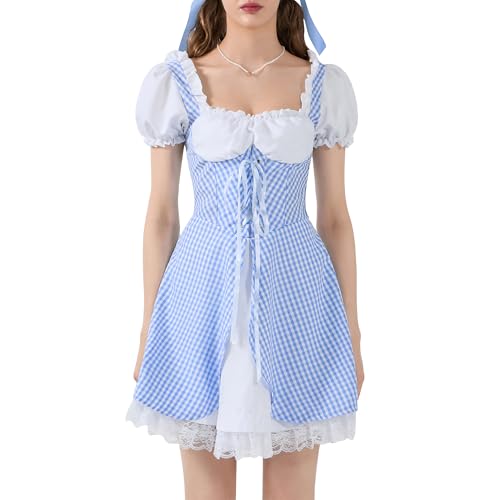 YOUDTIAN Damen Dienstmädchen Kostüm Kurze Puffärmel Gingham Kleid Spitzensaum Plaid Korsett Kleid Halloween Party Cosplay Kostüm (A-Himmelblau, L) von YOUDTIAN