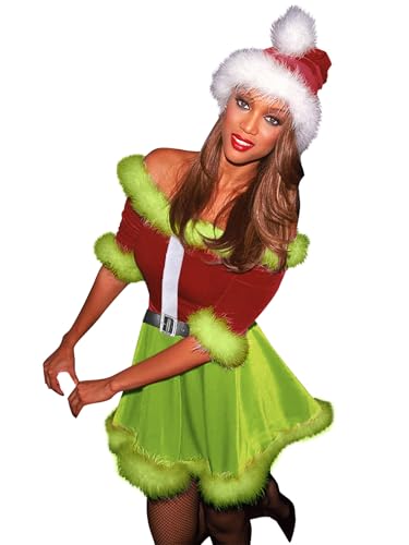 YOUDTIAN Damen Frau Claus Santa Kleid Kostüm Pelzbesatz Plüsch Schulterfrei A-Linie Samtkleid Weihnachten Party Cocktail Cosplay (F-Grün, XXL) von YOUDTIAN