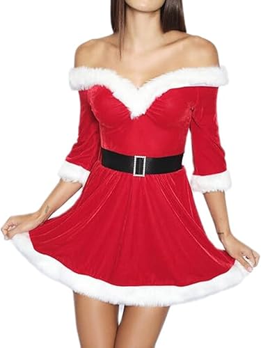 YOUDTIAN Damen Frau Claus Santa Kleid Kostüm Pelzbesatz Plüsch Schulterfrei A-Linie Samtkleid Weihnachten Party Cocktail Cosplay (G-Red, L) von YOUDTIAN