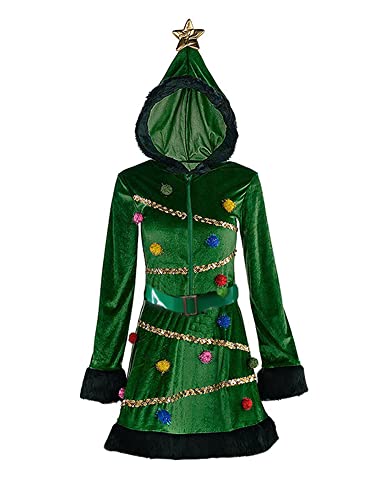 YOUDTIAN Damen-Kostüm mit Reißverschluss, mit Pelzbesatz, Bommel, mit Kapuze, Pailletten, Mantel, Cosplay, Kostüm, Outfit (A-Grün, L) von YOUDTIAN