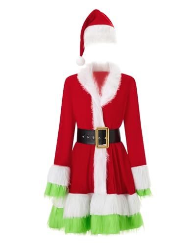 YOUDTIAN Damen Weihnachten Cosplay Kostüm Langarm Santa Kleid mit Gürtel Hut Sets Xmas Santa Kleid (A-Grün, S) von YOUDTIAN