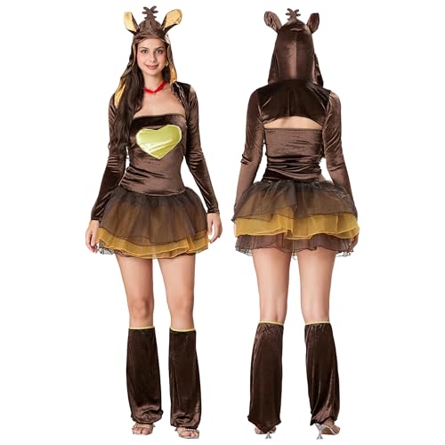 YOUDTIAN Damen Weihnachten Cosplay Rentier Kostüm Weihnachtsfeier Elch Cosplay Kostüm Hirschkleid Kapuzenumhang und Beinstulpen (Khaki, Einheitsgröße) von YOUDTIAN