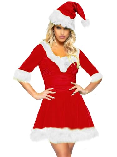 YOUDTIAN Frauenkostüm Frau Claus Santa Kleid Kostüm Pelzbesatz Plüsch Schulterfrei A-Linie Samtkleid Weihnachten Party Cocktail Cosplay (I-Red, L) von YOUDTIAN