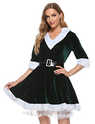 YOUDTIAN Frauenkostüm mit V-Ausschnitt, pelziger Rand, Samt, Plüsch, Kapuze, Cosplay-Kleid mit Gürtel (A-Grün, XL) von YOUDTIAN