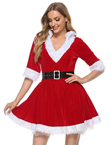 YOUDTIAN Frauenkostüm mit Weihnachtsmann-Motiv, V-Ausschnitt, pelziger Rand, Samt, Plüsch, mit Kapuze, Cosplay-Kleid mit Gürtel (A-Red, L) von YOUDTIAN