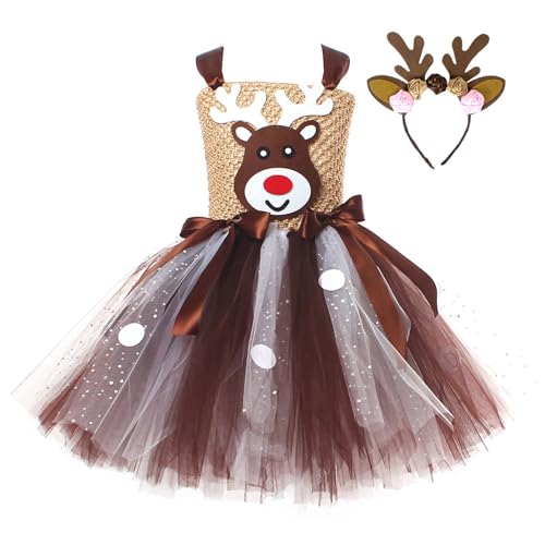 YOUDTIAN Kinder Mädchen Weihnachten Rentier Kleid Niedliches Mesh Tüll Kleid und Geweih Stirnband Set Weihnachten Party Cosplay Outfit (A-Khaki, 6-7 Jahre) von YOUDTIAN