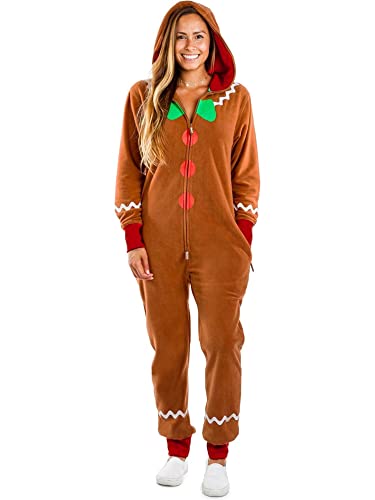 YOUDTIAN Weihnachten Erwachsene Lebkuchenmann Kostüm Lebkuchen Onesie Weihnachten Outfit Aldult Cosplay Kapuzenpullover Overall (B-Brawn Damen, L) von YOUDTIAN