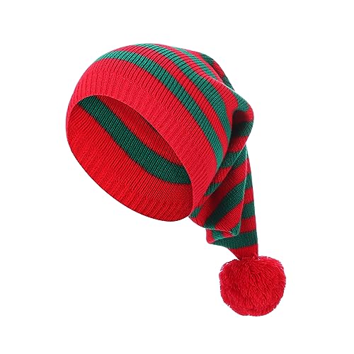 YOUDTIAN Weihnachtselfenmütze für Erwachsene, große Kinder, gestreifte Strickmütze mit Elfenohren, Ball, Weihnachtsmütze, Winter, Weihnachten, Urlaub, Party, Hüte (B-Rot-grüne Streifen, Einheitsgröße) von YOUDTIAN