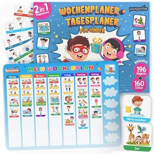 YOURGANIZE® 2-in-1 Wochenplaner Kinder & Tagesplaner Kinder - Montessori Magnettafel inkl. 196 Magnete & zusätzliche 160 Sticker zum Personalisieren der Routine Karten von YOURGANIZE