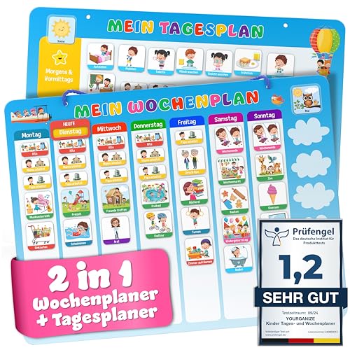 YOURGANIZE® 2-in-1 Wochenplaner Kinder & Tagesplaner Kinder - Montessori Magnettafel inkl. 196 Magnete & zusätzliche 160 Sticker zum Personalisieren der Routine Karten von YOURGANIZE