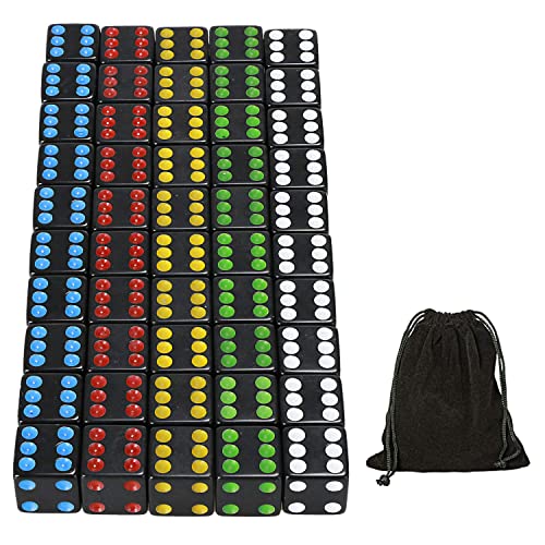 YOUSHARES 50 PCS Mehrfarben Würfel Set - Spielwürfel je 10 Teilen, 16 mm D6-Standardwürfel mit Tragetasche für Brettspiele: Tenzi und Casino-Spiele (Schwarz) von YOUSHARES