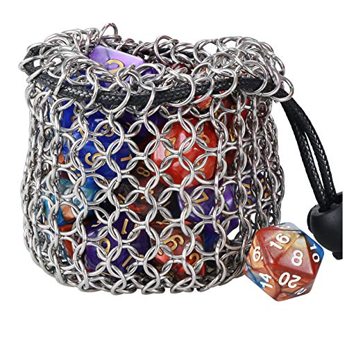 YOUSHARES Drawstring Game Würfeltasche - Edelstahl Kettenhemd DND Würfelbeutel für Metall Polyedrische D&D Würfel Set von YOUSHARES