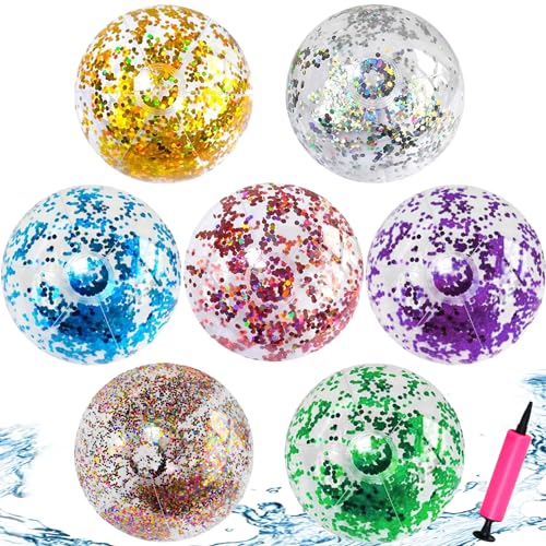 YOUWOSHE Wasserball Aufblasbar, 7 Stück Aufblasbare Glitter Wasserbälle, Farbig Aufblasbarer Ball Set, Strandball Schwimmball für Beach Pool Party Wasserspielzeug von YOUWOSHE