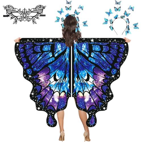 YOUYIKE Schmetterling Kostüm Damen, Faschingskostüme Damen, Schmetterlingsflügel Erwachsene, Butterfly Top mit Schmetterling Haarreif Spitze Maske, für Karneval, Fasching, Mottoparty von YOUYIKE