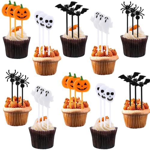 50 Stück Halloween Cupcake Topper, 5 Stile, Kuchendeko Fruit Picks, Lustige Halloween Cake Topper Fledermaus Geist Kürbis Spinne für Halloween Party Kuchen Essen Käseplatte Vorspeisen Dekor von YOUYIKE