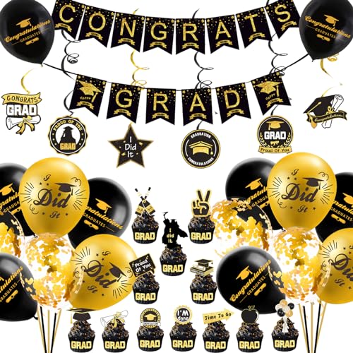 Abschluss Deko, Graduation Luftballon Deko, Schwarz Gold Abschlussfeier Deko 2024, Herzlichen Glückwunsch Girlande Banner, Bachelor Hut Cupcake Topper, Abschlussfeier Deko Foto Requisiten von YOUYIKE