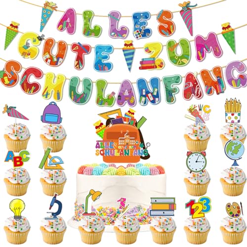 17 Stück Schulanfang Tortendeko, Schuleinführung deko Cupcake Topper, Tortendeko Einschulung, Alles Gute zum Schulanfang Girlande, Junge und Mädchen Schulanfang Party Dekoration von YOUYIKE