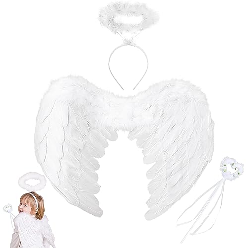 YOUYIKE 3 Stück Federflügel Engel Set, 45X35 cm Weiß Engelsflügel mit Heiligenschein und Zauberstab, Engel Flügel Kostüm für Kinder, Angel Wings für Amor Fasching Karneval Cosplay Party Halloween von YOUYIKE