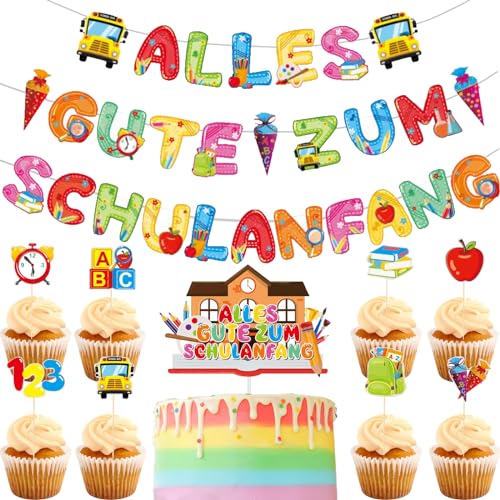 Tortendeko Einschulung, Schulanfang Kuchen Deko, Schulanfang Cupcake Topper, Zuckertüte ABC 123 Schulanfang Girlande Kuchen Topper Für Junge Mädchen 1. Schultag Schulanfang Party Deko von YOUYIKE